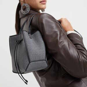 Brunello Cucinelli Duo Bucket Bag Gray Virgin Wool Monili New Tag $2,700